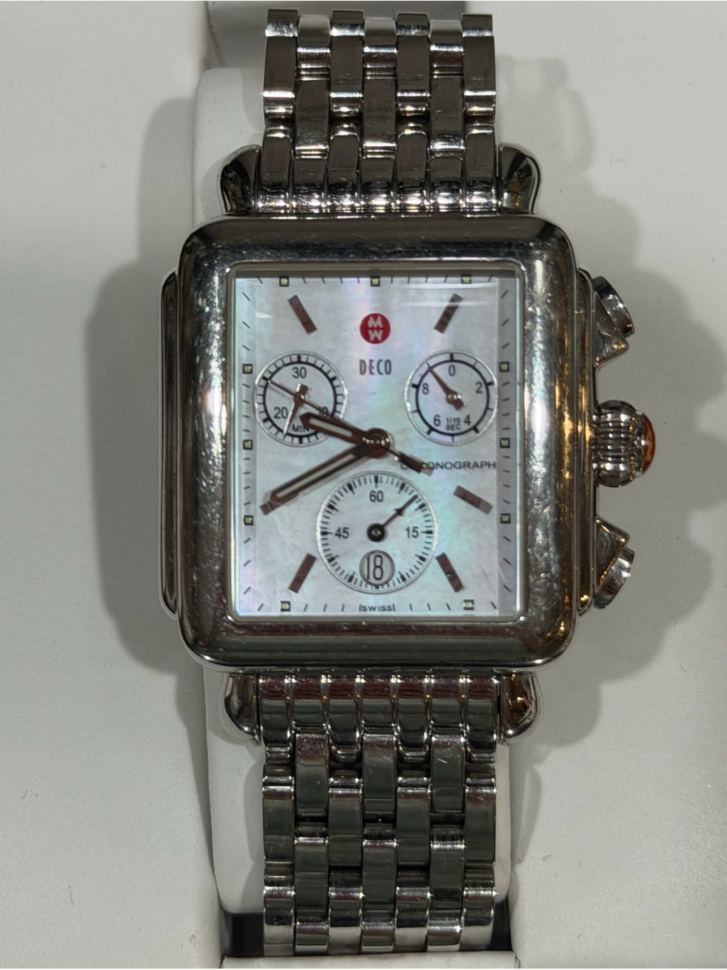 Michele Deco Chronograph Watch Stainless Steel Mother Of Pearl Dial Swiss Made